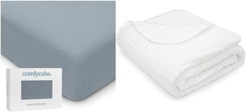 Comfy Cubs Muslin Fitted Crib Sheet and Baby Blanket Bundled - Grey/White