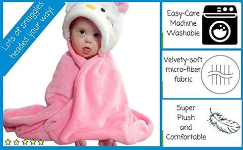 Hooded Toddler Blanket | Plush Soft Animal Baby Hoodie Blankie 36x27 + Hood, Light Pink