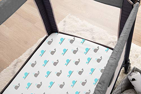 TL Care 100% Natural Cotton Fitted Pack and Play Sheet 39" x 27" - Aqua Whale for Boys & Girls