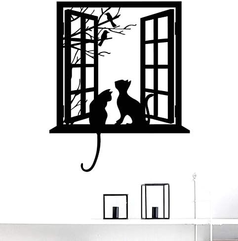 BIBITIME Tree Branch Fake Window Black Cats Wall Art Stickers - Vinyl Decals for Bedroom, Living Room & Nursery - 16.92