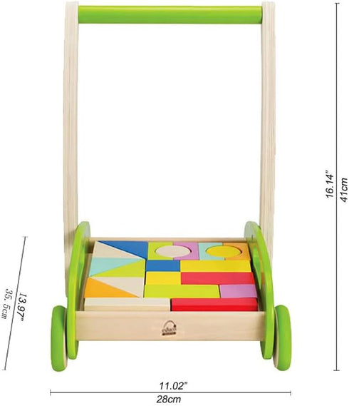 Hape Block and Roll Cart, Toddler Wooden Push and Pull Toy, Multicolored, L: 13.9, W: 11.1, H: 16.1 inch