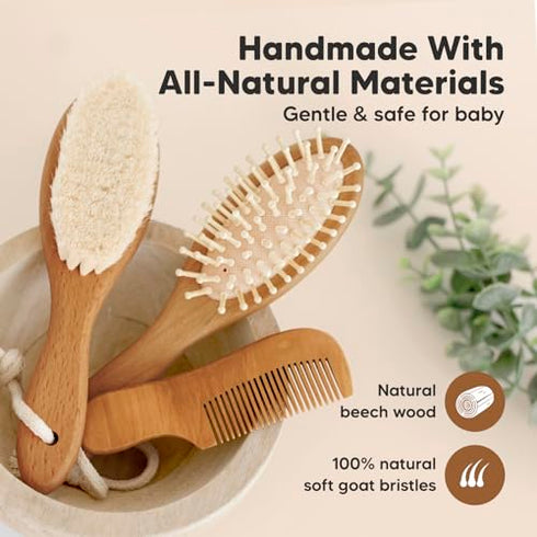 Set Keababies Baby Hair Brush and Comb and Baby Washcloths - Wooden Brush with Soft Goat Bristle - Towels