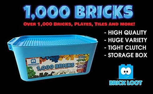Brick Loot 1,000 Building Blocks with Storage Box Organizer, Fun Toy Bricks for Kids & Adults 6 Year Old+, Compatible