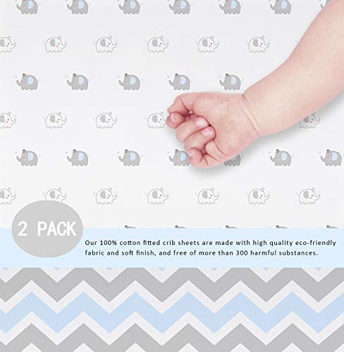 OptimaBaby 2 Count Elephant Chevron Fitted Crib Sheets, Blue