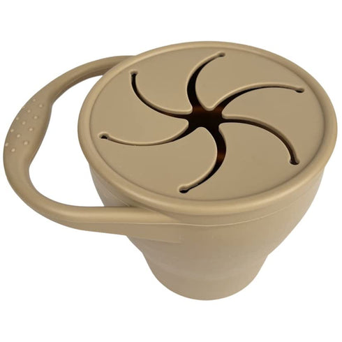 BraveJusticeKidsCo. Snack Attack Cup, Collapsible Silicone Container with Toddler and Baby Catcher Lid (Warm Sand)