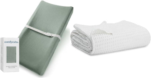 Comfy Cubs Muslin Fitted Changing Pad Cover and Cotton Waffle Weave Blanket Bundled -