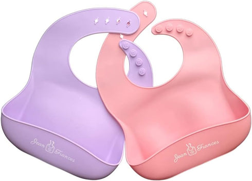 Jean Frances Silicone Baby Bibs Set of 2, BPA Free Waterproof Soft Durable Adjustable for Infants & Toddlers