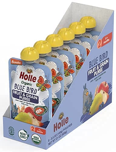 (6 Pack) 6 Holle Organic Baby Food Pouches - Blue Bird Baby Puree with Pear, Apple, Blueberry & Oat - Organic Baby