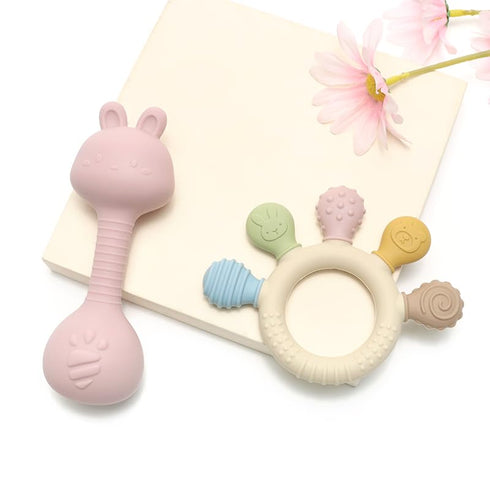 Baby Teether and Rattle Toy Set, BPA-Free, Food-Grade Silicone, Easy-Grip Teething Rattle