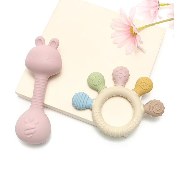Baby Teether and Rattle Toy Set, BPA-Free, Food-Grade Silicone, Easy-Grip Teething Rattle