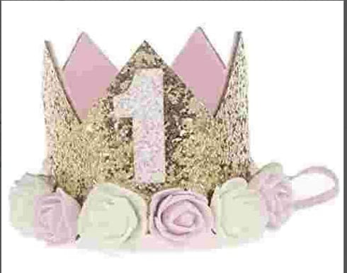 1st Baby Birthday Crown Flower Tiara Headband, Gold First Birthday Party Hat Hairbands for Baby Photography Gifts, One