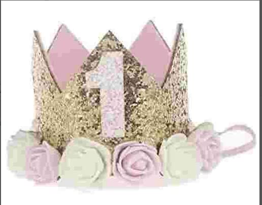 1st Baby Birthday Crown Flower Tiara Headband, Gold First Birthday Party Hat Hairbands for Baby Photography Gifts, One