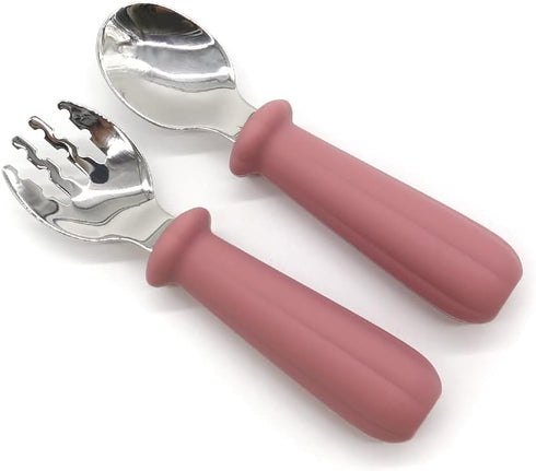 Toddler Utensils, Baby Spoons Self Feeding, Stainless Steel Silverware with BPA Free Silicone Easy Grip, Set of 2