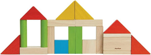 PlanToys Wooden Building Blocks, 40 Unit Blocks Natural and Color, Sustainably Made from Rubberwood