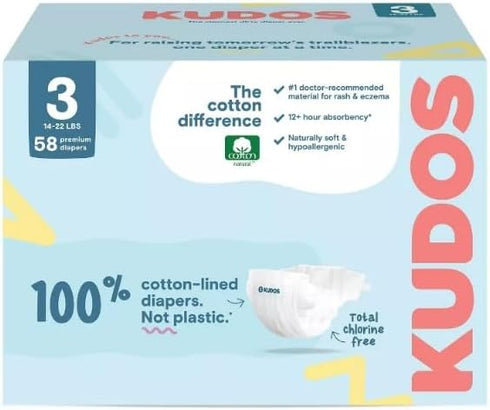 Generic 3, 58 Count, 14-24 lbs Kudos Chlorine Free Premium Diapers, Cotton-Lined - Size