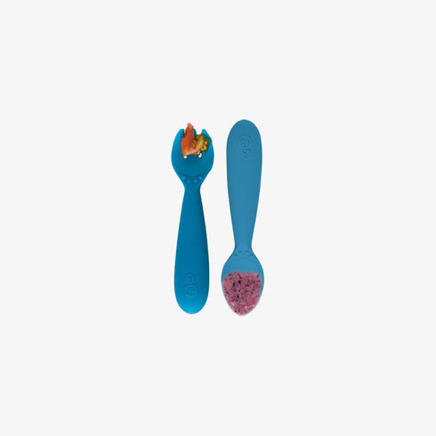 ezpz Mini Utensils - 12 Months+ (Fork & Spoon in Blue) - 100% BPA Free Fork and Spoon - Toddler Utensils - Designed by a Pediatric Feeding Specialist by ezpz