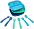 Re-play 3x3 Divided Toddler Plates and Utensils Set | Toddler Forks and Spoons, Dishwasher Safe, True Blue