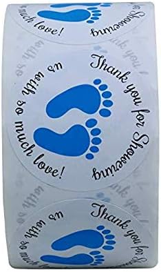 Gender Neutral Baby Shower Stickers, Thank You for Showering Us with So Much Love Round Labels Blue Baby Footprint