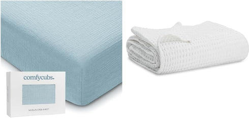 Comfy Cubs Muslin Fitted Crib Sheet and Waffle Weave Blanket Bundled -