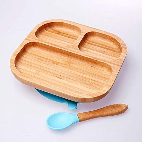 Baby Toddler Stay Put Dish, Kids Suction Plate, Bamboo Cute Dinnerware, Blue