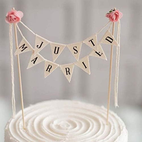 Vintage Affair Just Married Wedding Cake Topper, Handmade Pennant Flags with Wood Pole, Ivory (4)