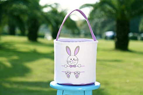 Easter Bunny Personalized Canvas Cotton Egg Bags for Kids, Rabbit Print Buckets with Fluffy Tail Gifts