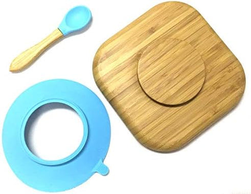 Baby Toddler Stay Put Dish, Kids Suction Plate, Bamboo Cute Dinnerware, Blue