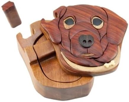 Dog Natural Wood Intarsia Puzzle Box, Handcrafted with Secret Compartment