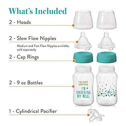 Evenflo Feeding Balance + Wide Neck Printed Bottles, 9oz 2pk with Pacifier