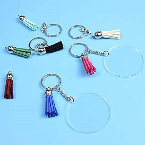 KINGFOREST 120PCS Acrylic Keychain Blanks Kit - 30 Keychain Rings, 30 Jump Rings, 30 Clear Discs, 30 Tassels