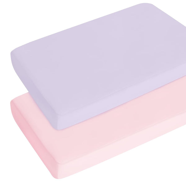 Fitted Pack and Play Sheets for Girl, 2 Pack Ultra Soft Microfiber Mini Crib Sheets in Purple and Pink