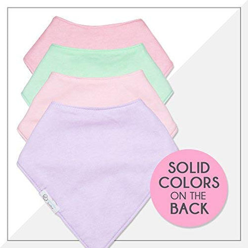 REVERSIBLE & WATERPROOF Cotton Baby Bandana Drool Bibs for Girls - Pack of 4 Soft Absorbent Teething Bib Set