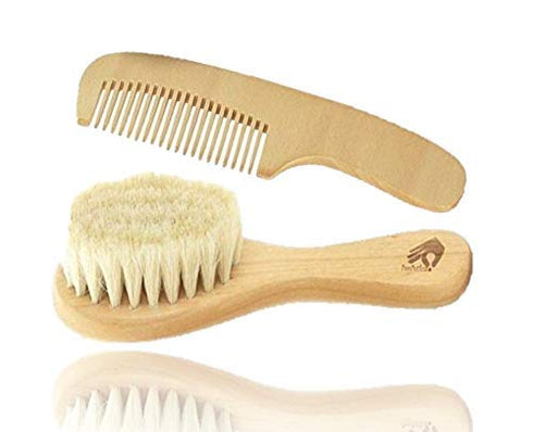 PomPerfect Set Natural Soft Newborn Baby Brush Goat Hair Bristles with Eco-Friendly Wood Handle | Wooden Infant Cutie