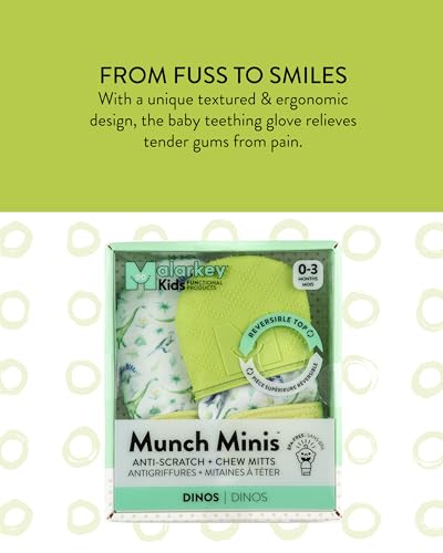 Pack 2 0-3 Malarkey Kids Dinosaur Paw Teething Mitt - of Soothing Infant Mitten Pain Relief Prevent Scratches, Safe