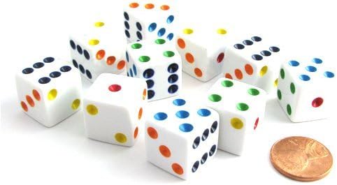 Koplow Games Set 10 D6 16mm of Six Sided Standard Dice White with Multi-Color Pips