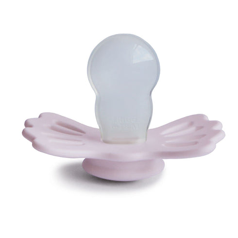 Symmetrical 6-18 FRIGG Lucky SilkySoft Silicone Baby Pacifier | Made in Denmark | BPA-Free (White Lilac/Twilight Mauve