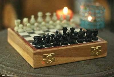 10" Chess Board Game Set with Wooden Base, Stone Inlay & Handmade Stone Chess Pieces, Folding Crafted Chess Game