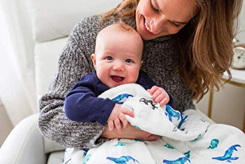 4-Layer 47in 47in| Lulujo Baby Blanket| Unisex Softest Bamboo Viscose Muslin Quilt Blanket with Jersey Trim| Neutral