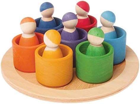 Rainbow '7 Friends' Set of Wooden Sorting & Matching Peg Dolls with Round Tray