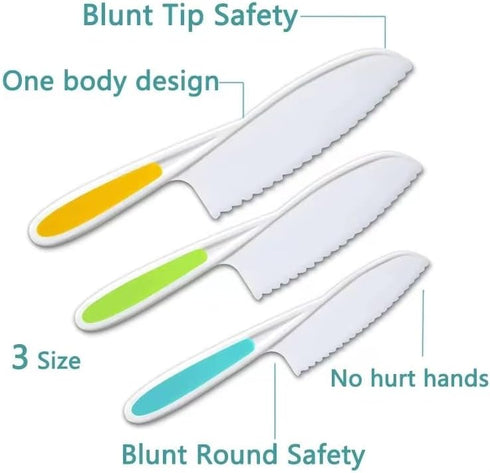 Leking 3 Pcs Kids Kitchen Knife, Plastic Serrated Edges Kids Knife Set for Cooking and Cutting Cakes, Fruits and