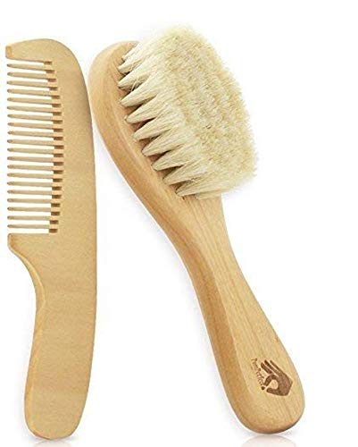 PomPerfect Natural Soft Newborn Baby Brush Set Goat Hair Bristles with Eco-Friendly Wood