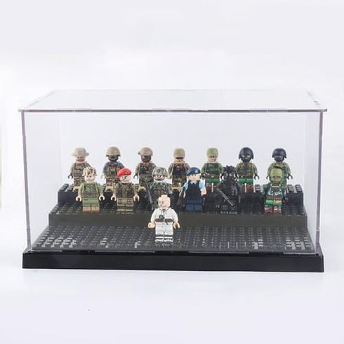 Minifigure Display Case for Action Figures Blocks, Dustproof Acrylic Display Box with 3 Movable Steps for Collection