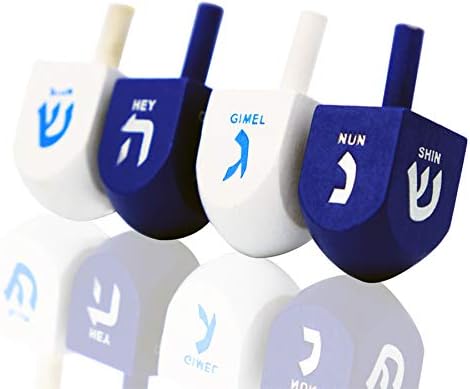The Dreidel Company Bulk Wooden Hanukkah Dreidels, Solid Blue & White, Hand Painted with English Transliteration