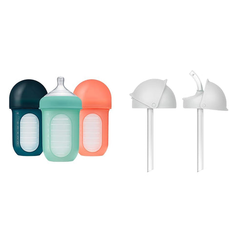 Boon Nursh Silicone Baby Bottles with Straw Sippy Cup Lids - Stage 2