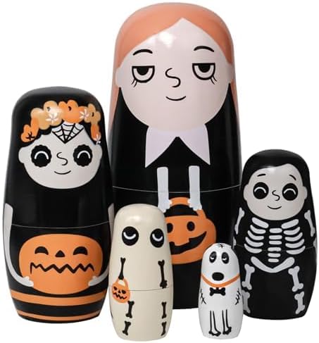 Tngan Halloween Nesting Dolls - 5Pcs 6" Tall Russian Handmade Matryoshka for Kids, Wooden Stacking Toys for Halloween
