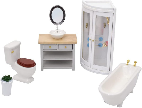 iLAND Dollhouse Furniture and Accessories 1/12 Scale Bathroom Set incl Ceramic Toilet & Bathtub & Wooden Cabinet