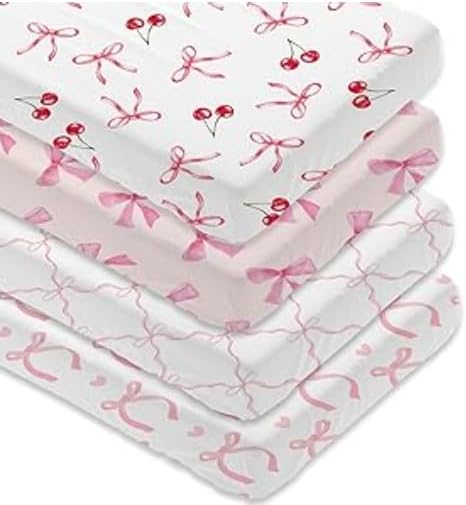 BBSET Baby Crib Sheets, Pink Bow and Stripe Pattern, 2 Pack