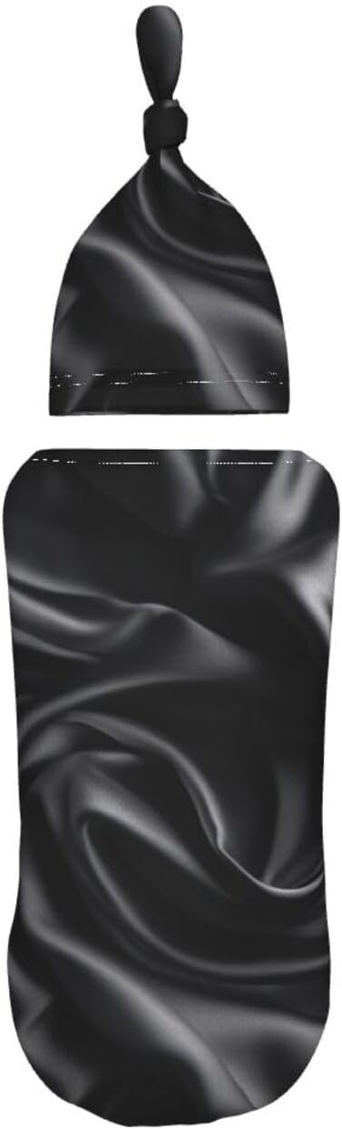 DDTKLSNV Set,Black Newborn Swaddle Blanket with Beanie Hat Silk Wrinkle Newborn Receiving Blankets Baby Swaddle Wrap