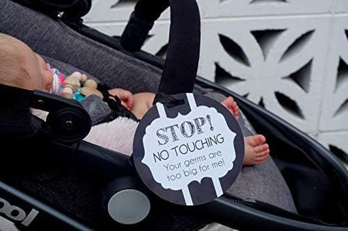 THREE LITTLE TOTS Black and White Stop No Touching Baby Car Seat Sign, CPSIA Safety Tested Stroller Tag