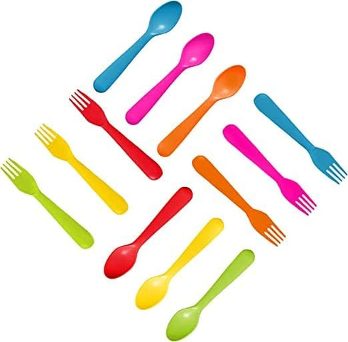 Plastic Toddler Utensils Set of 12, Kids Forks and Spoons, BPA FREE/Dishwasher Safe Brightly Colored Children's Flatware